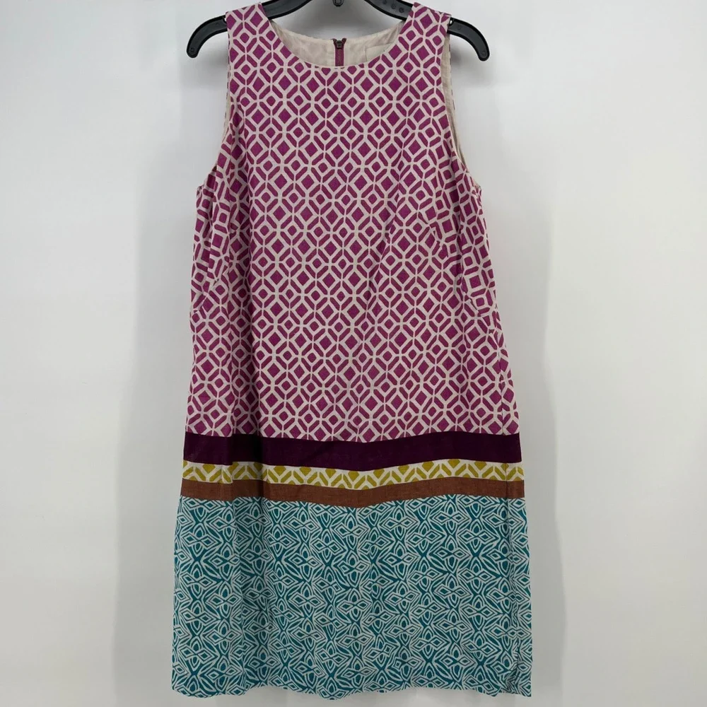 Ann Taylor LOFT Womens Linen Geometric Print Shift Dress Magenta Teal Size 4